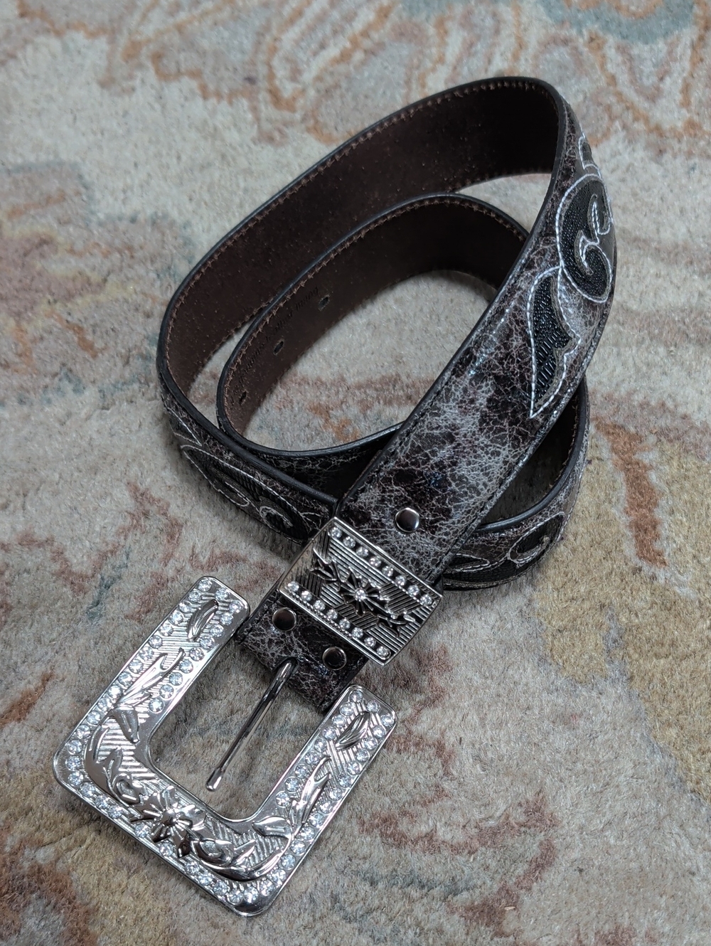 Nocona Brown Crackle Western-Style Brown Leather Belt with Silver Floral Buckle